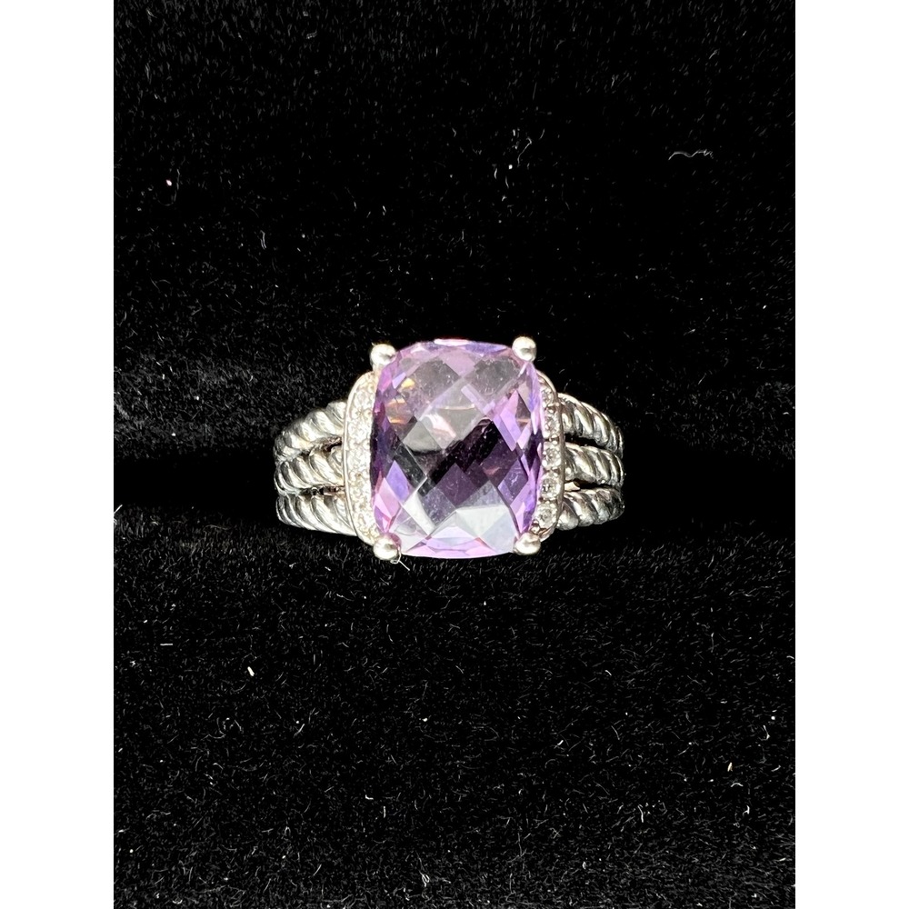 David Yurman Sterling Silver Petite Wheaton Amethyst & Pave Diamond Ring Sz 7 - Picture 9 of 9